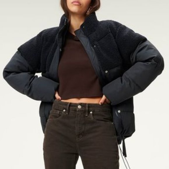 Good American Sherpa Mix Cocoon Puffer Jacket Midnight Blue size 3 / Large - Picture 2 of 8